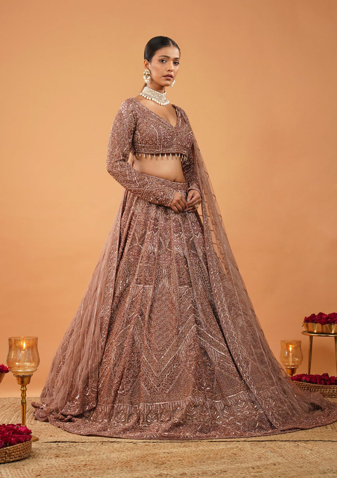 Rust Stonework Net Readymade Lehenga-Koskii