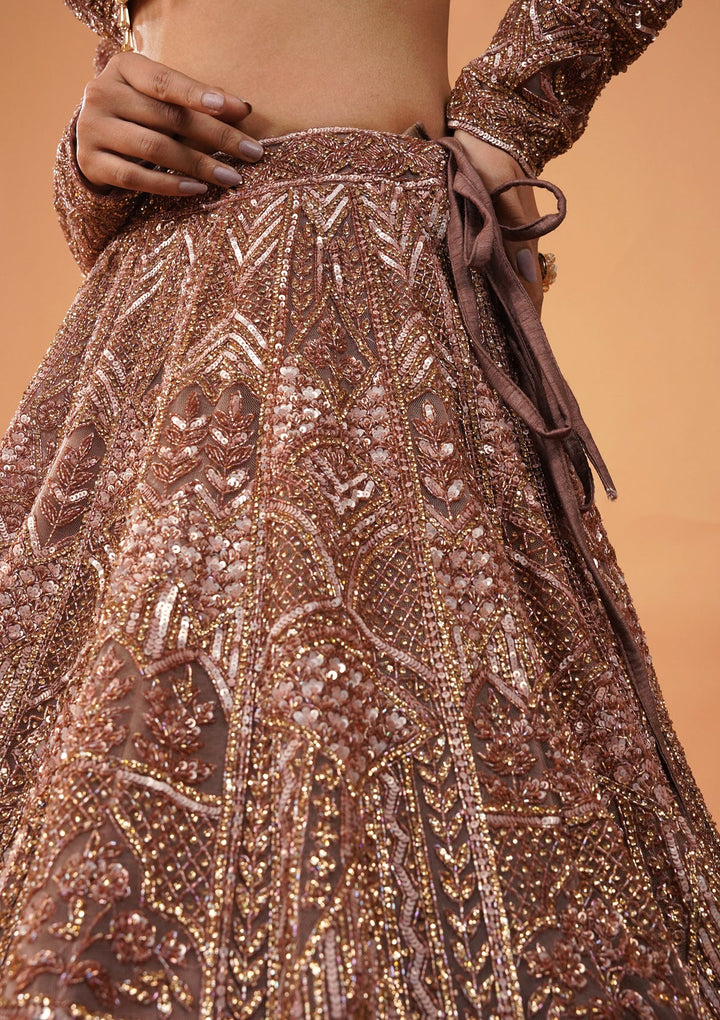 Rust Stonework Net Readymade Lehenga-Koskii