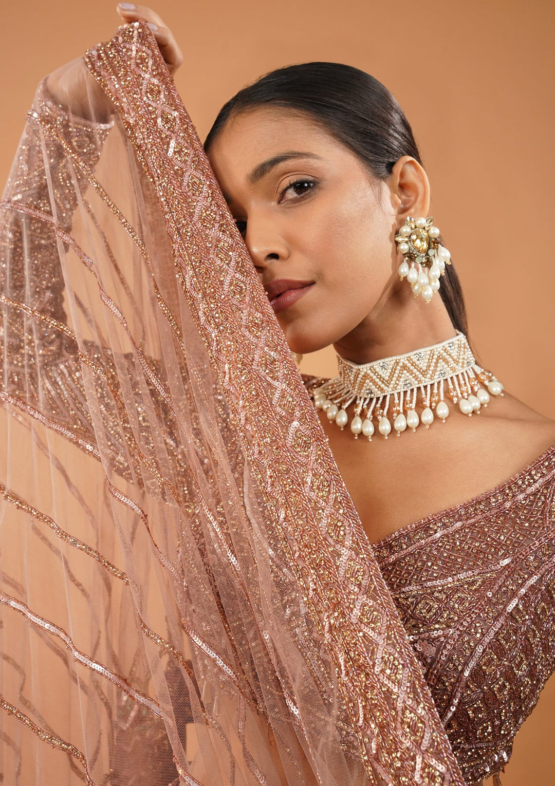 Rust Stonework Net Readymade Lehenga-Koskii