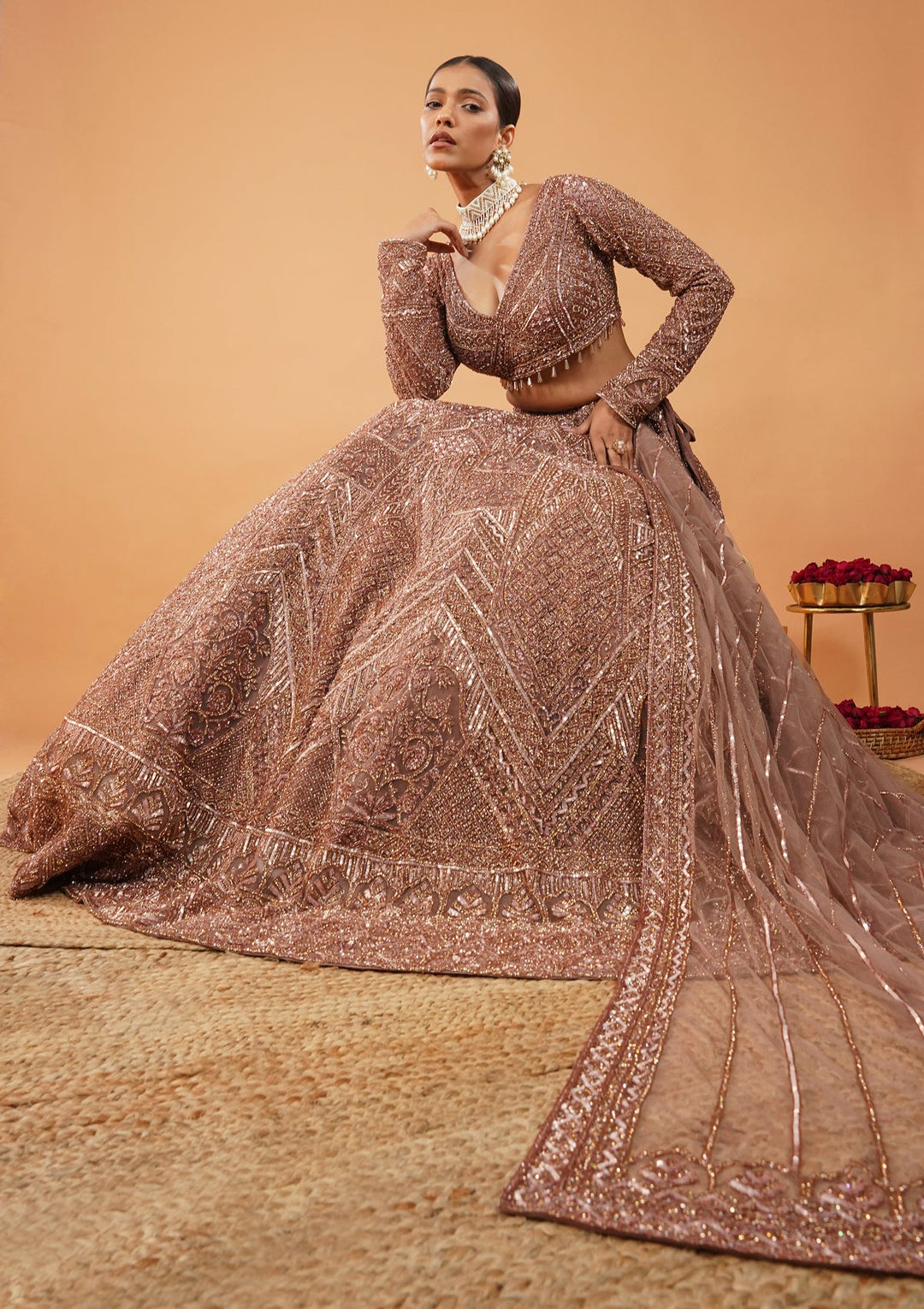 Rust Stonework Net Readymade Lehenga-Koskii