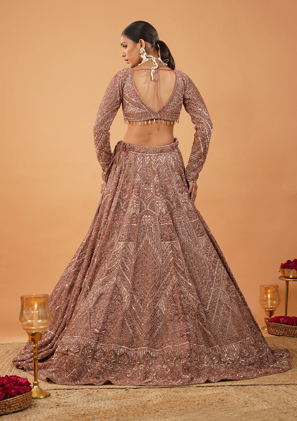 Rust Stonework Net Readymade Lehenga-Koskii