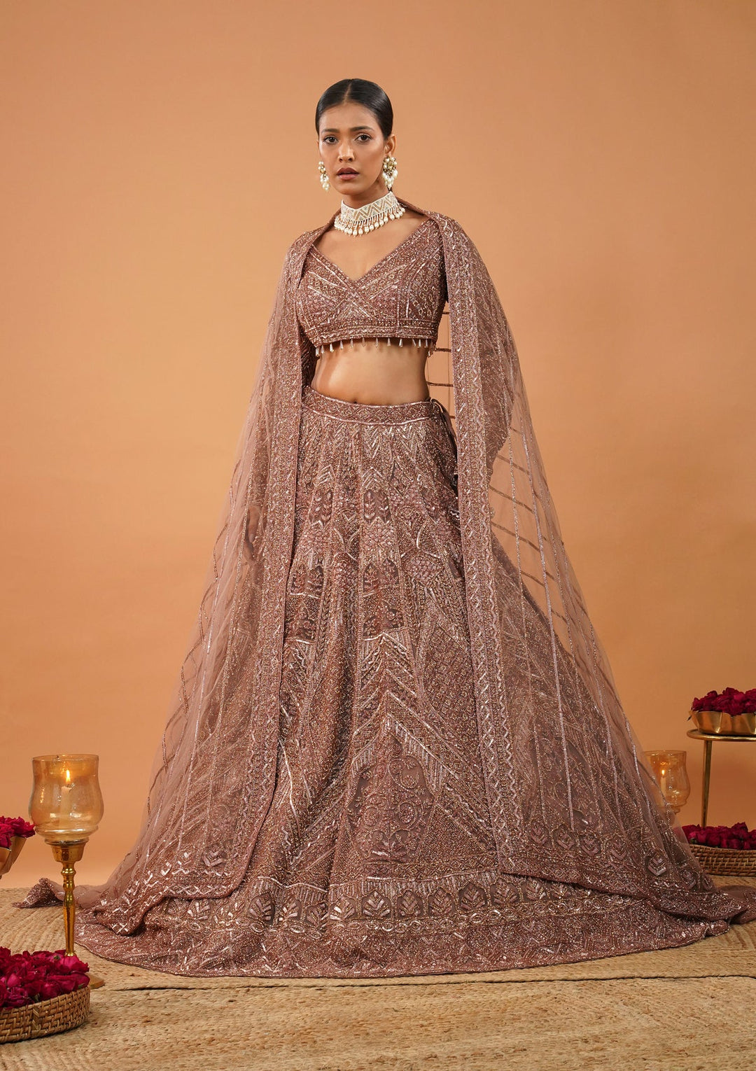 Rust Stonework Net Readymade Lehenga-Koskii