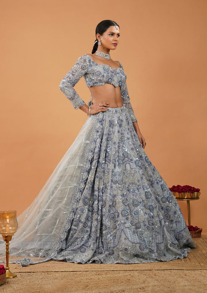 Sky Blue Cutdana Net Readymade Lehenga-Koskii