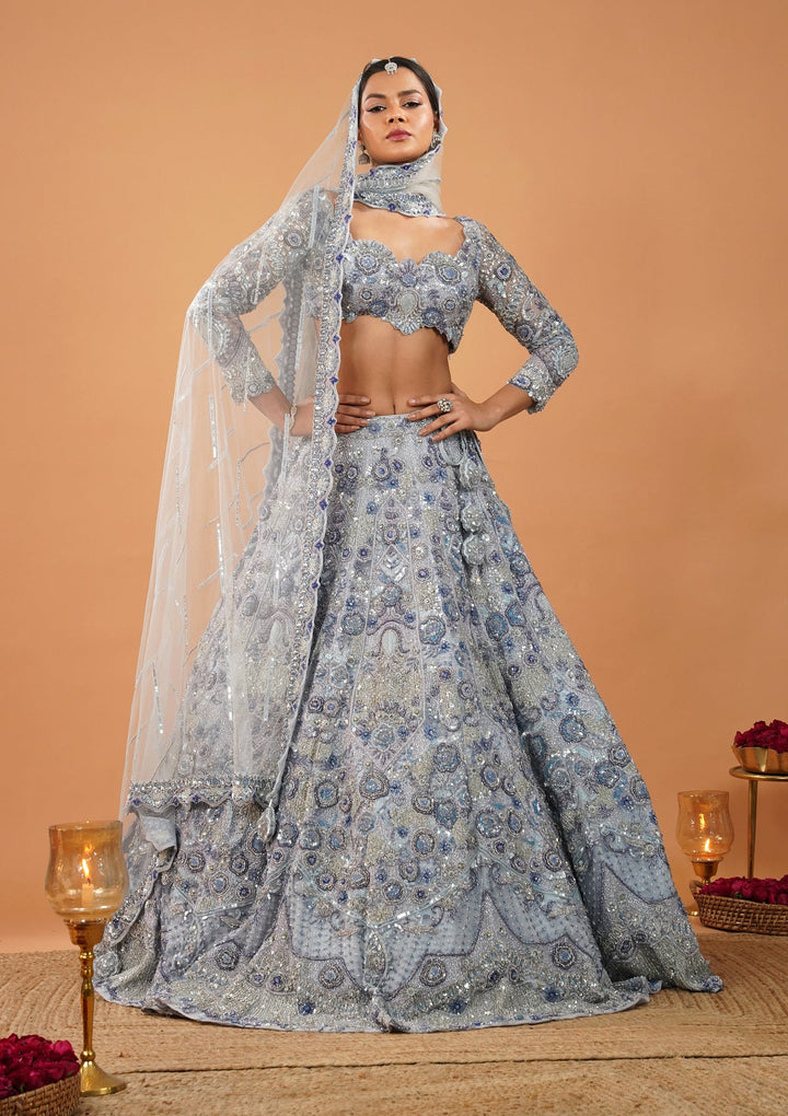 Sky Blue Cutdana Net Readymade Lehenga-Koskii