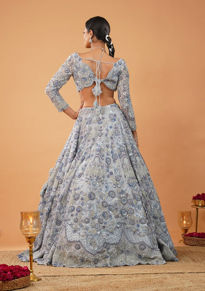Sky Blue Cutdana Net Readymade Lehenga-Koskii