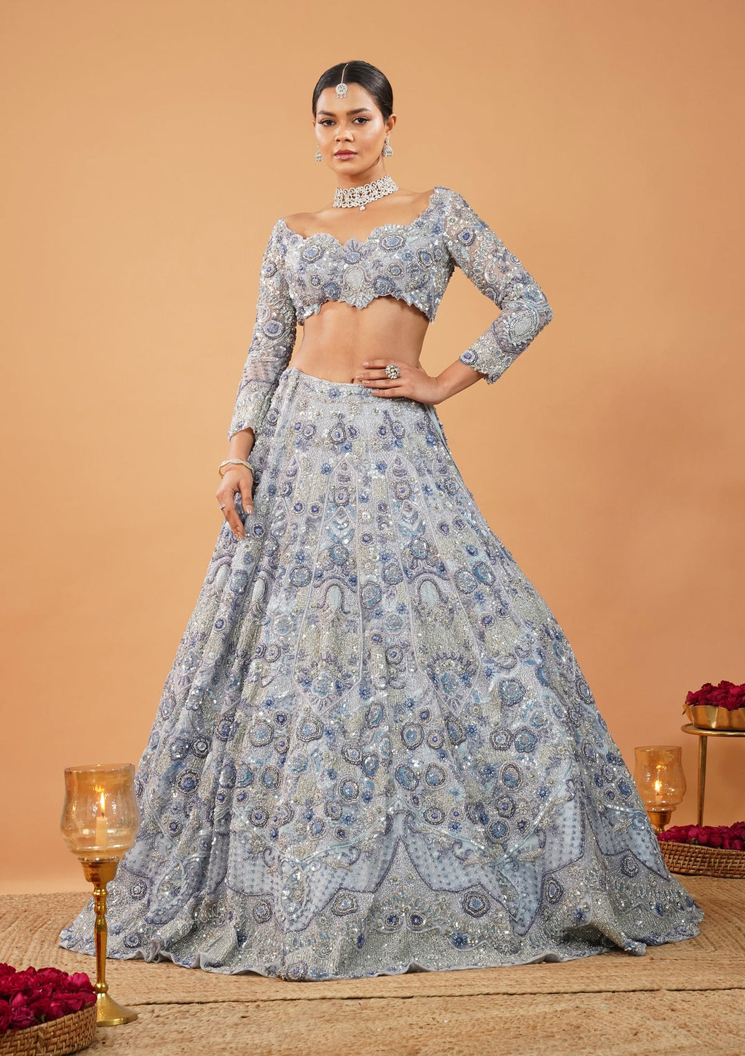 Sky Blue Cutdana Net Readymade Lehenga-Koskii