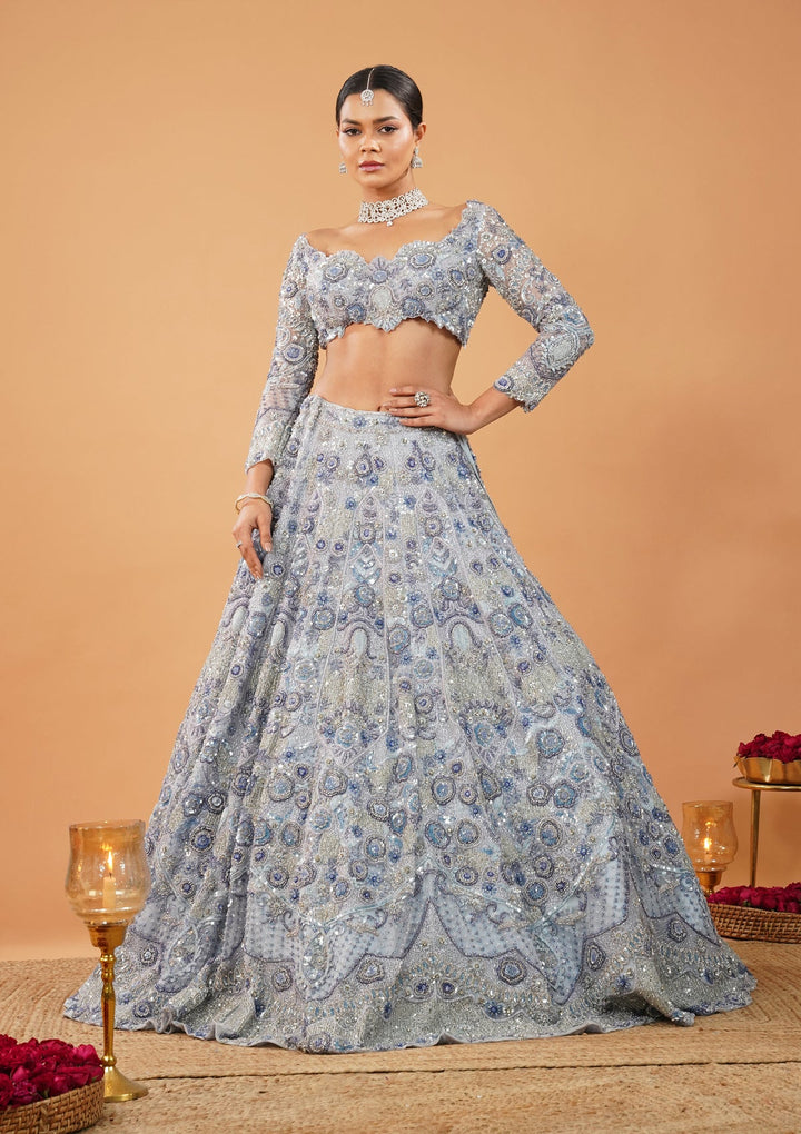 Sky Blue Cutdana Net Readymade Lehenga-Koskii