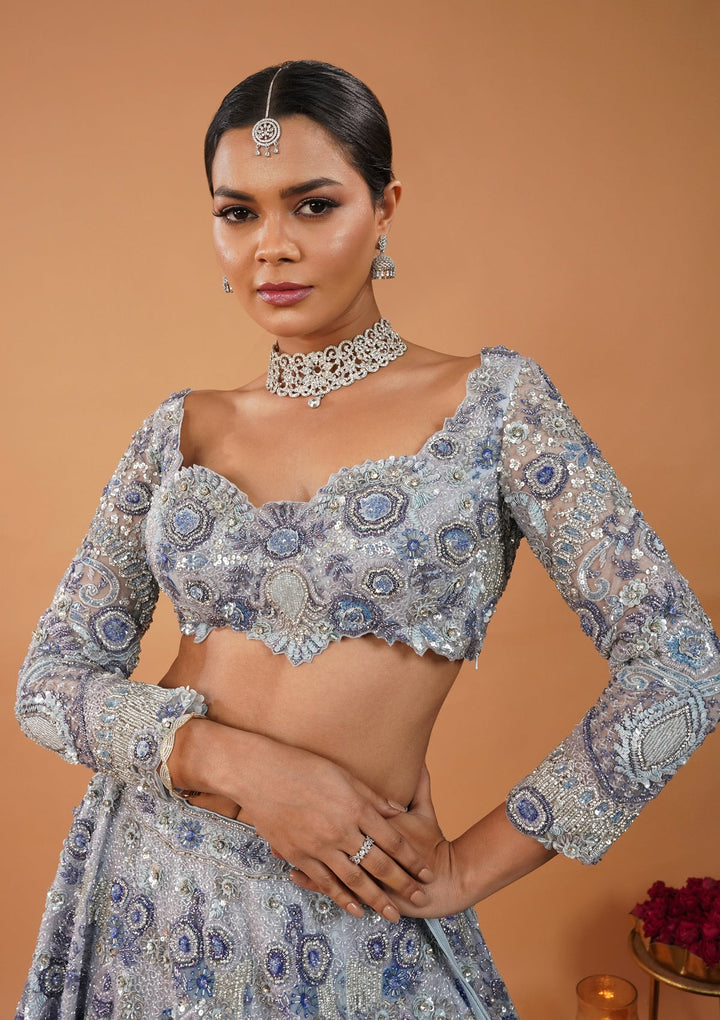 Sky Blue Cutdana Net Readymade Lehenga-Koskii