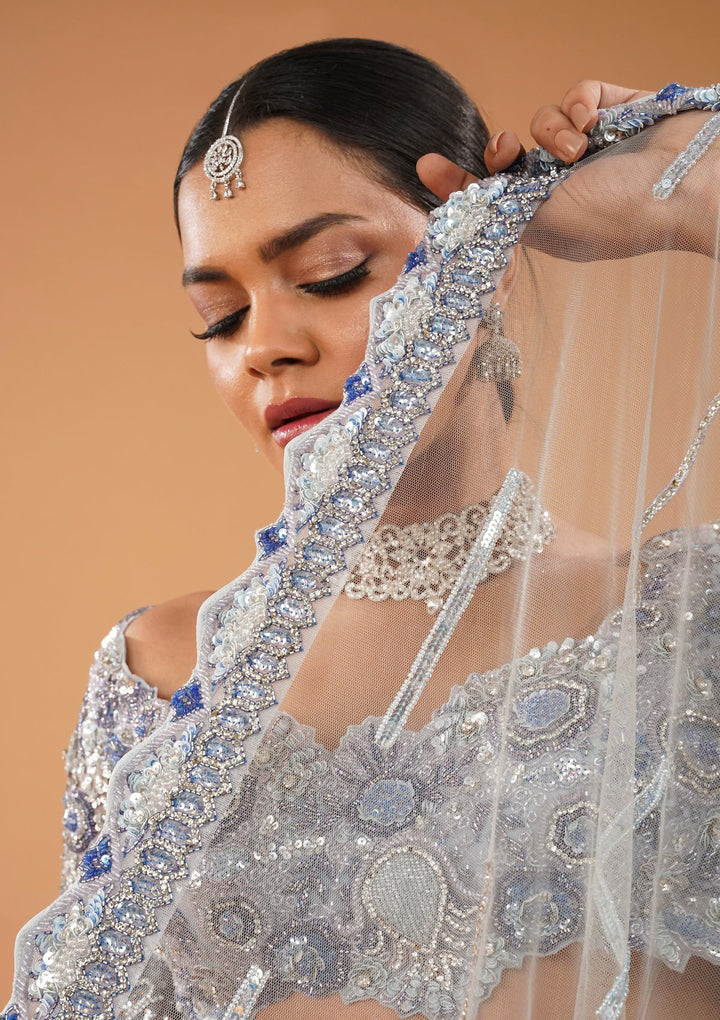 Sky Blue Cutdana Net Readymade Lehenga-Koskii