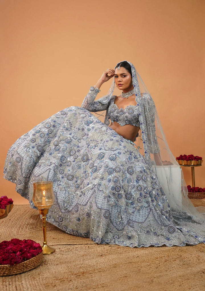 Sky Blue Cutdana Net Readymade Lehenga-Koskii