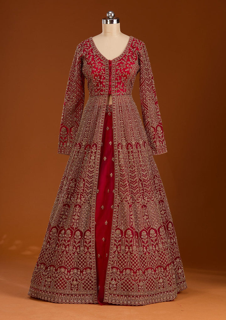 Maroon Zariwork Net Readymade Lehenga-koskii