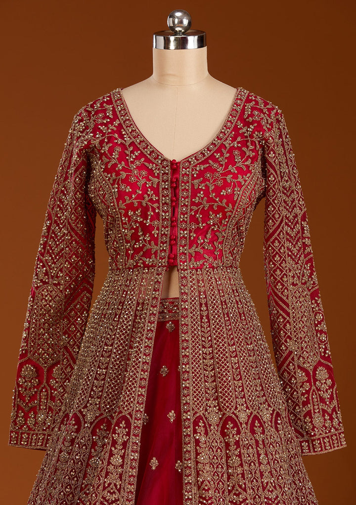 Maroon Zariwork Net Readymade Lehenga-koskii