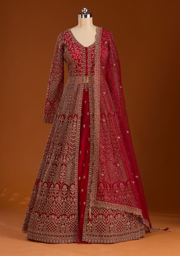 Maroon Zariwork Net Readymade Lehenga-koskii