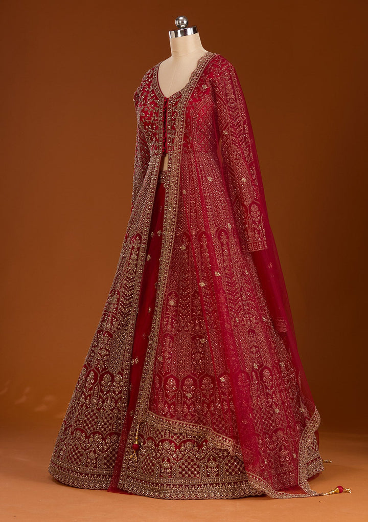 Maroon Zariwork Net Readymade Lehenga-koskii