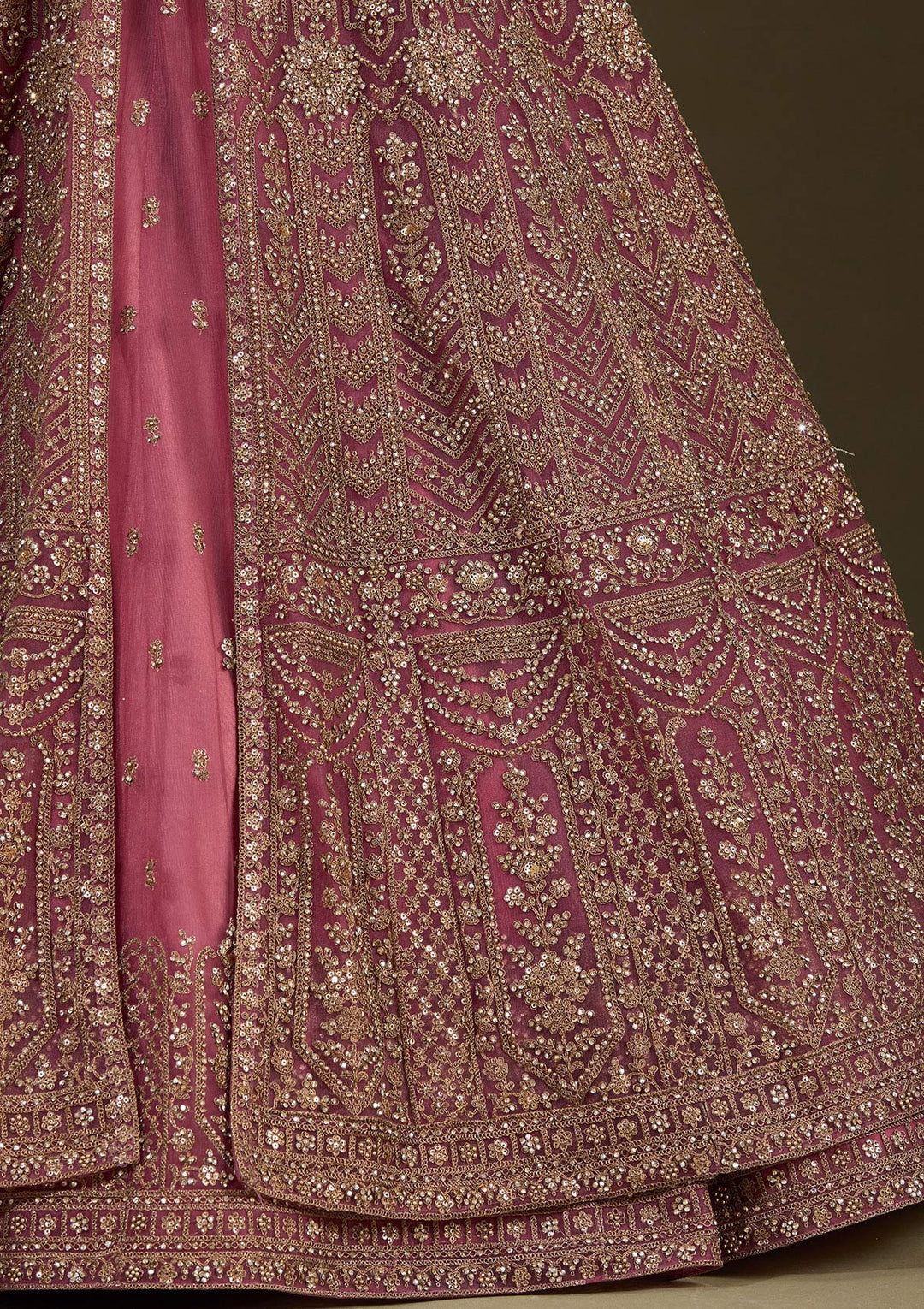 Onion Pink Stonework Net Readymade Lehenga-Koskii