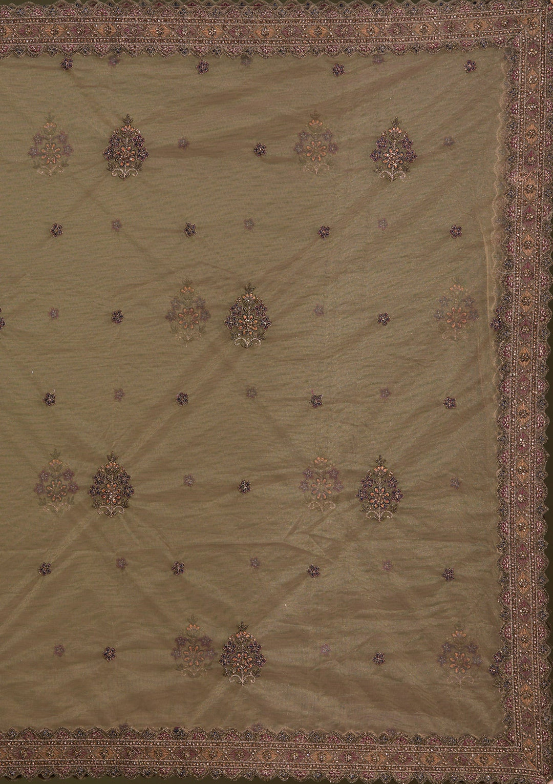 Beige Zariwork Net Readymade Lehenga-Koskii