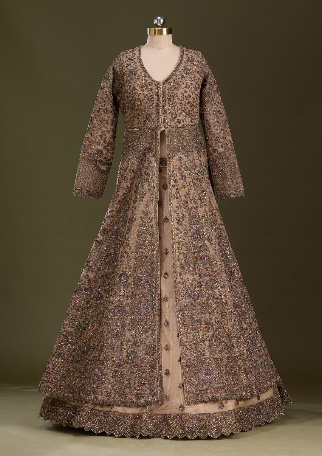 Beige Zariwork Net Readymade Lehenga-Koskii