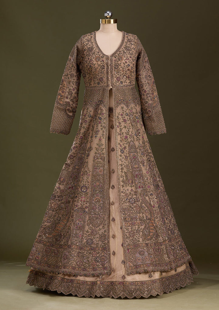 Beige Zariwork Net Readymade Lehenga-Koskii