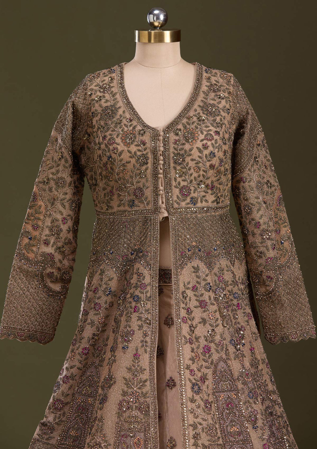 Beige Zariwork Net Readymade Lehenga-Koskii