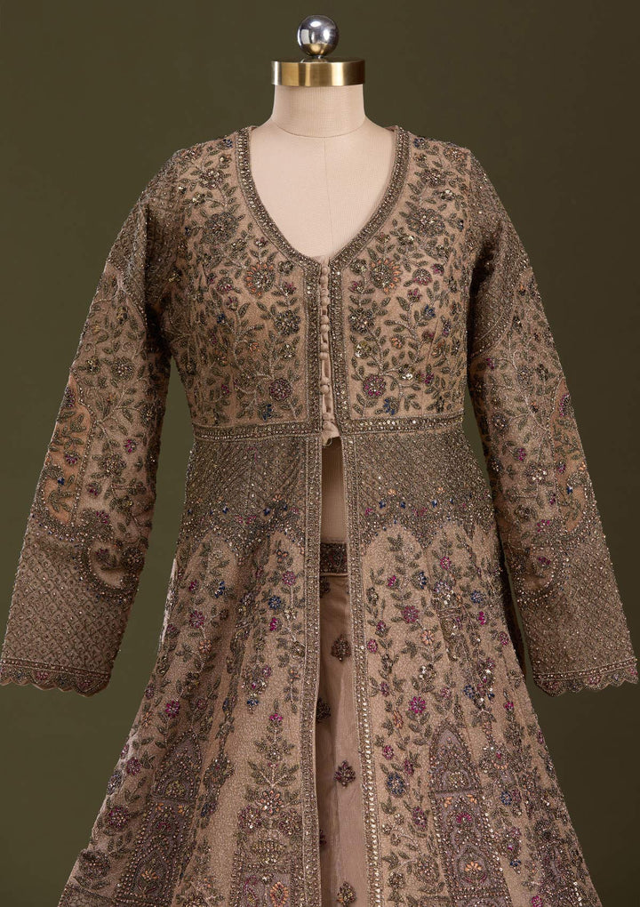 Beige Zariwork Net Readymade Lehenga-Koskii