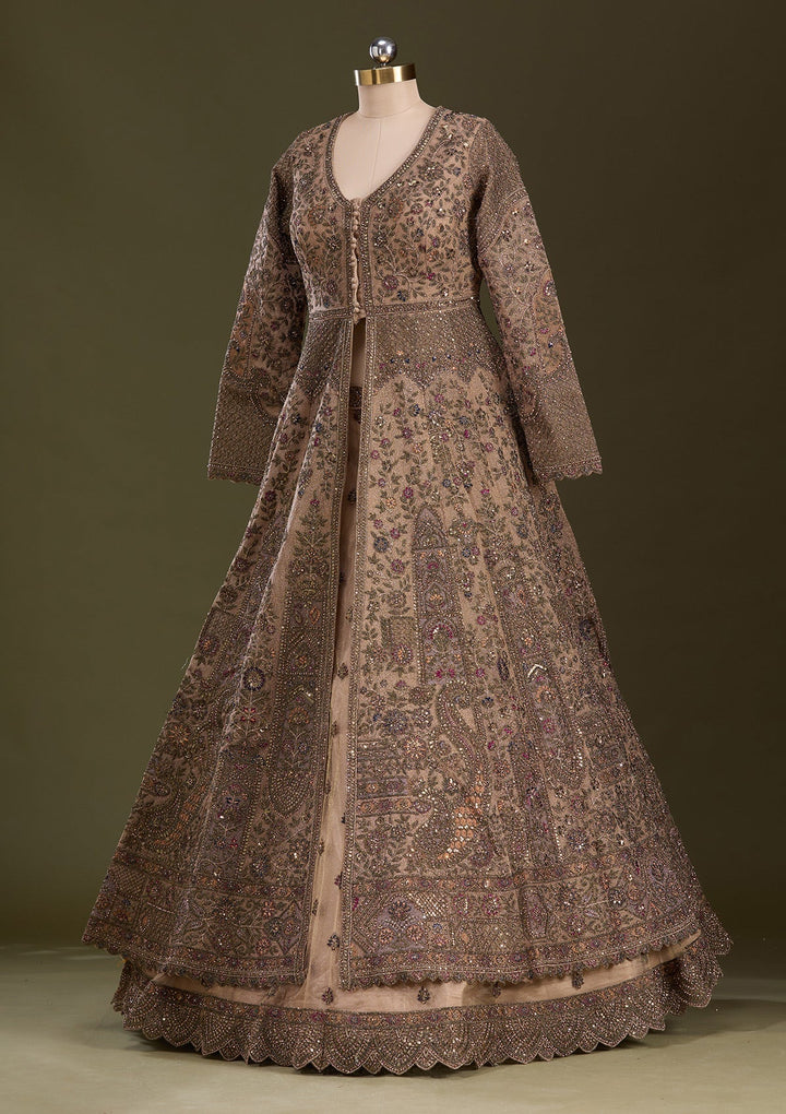 Beige Zariwork Net Readymade Lehenga-Koskii