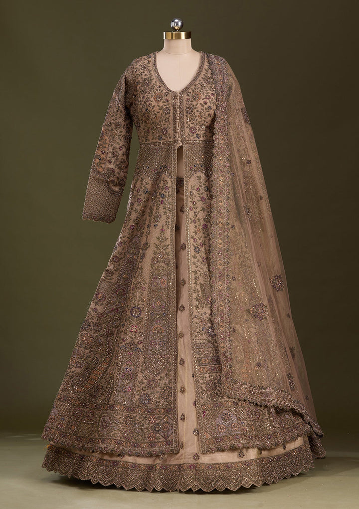 Beige Zariwork Net Readymade Lehenga-Koskii