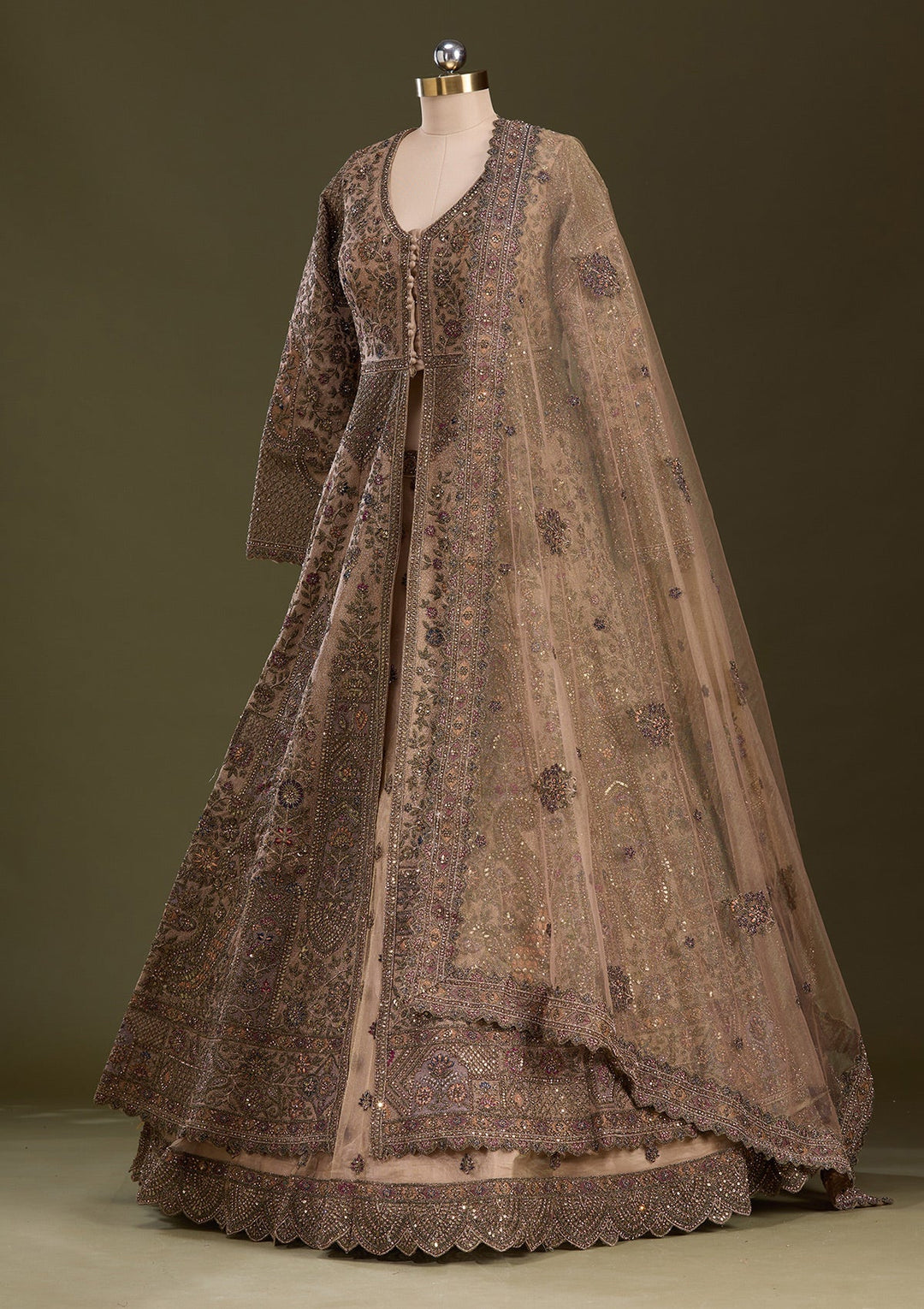 Beige Zariwork Net Readymade Lehenga-Koskii