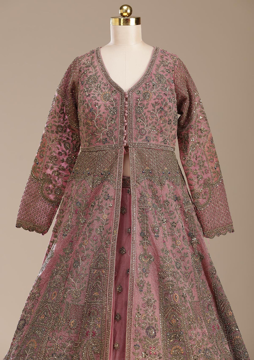 Onion Pink Zariwork (Antique) Net Readymade Lehenga-koskii