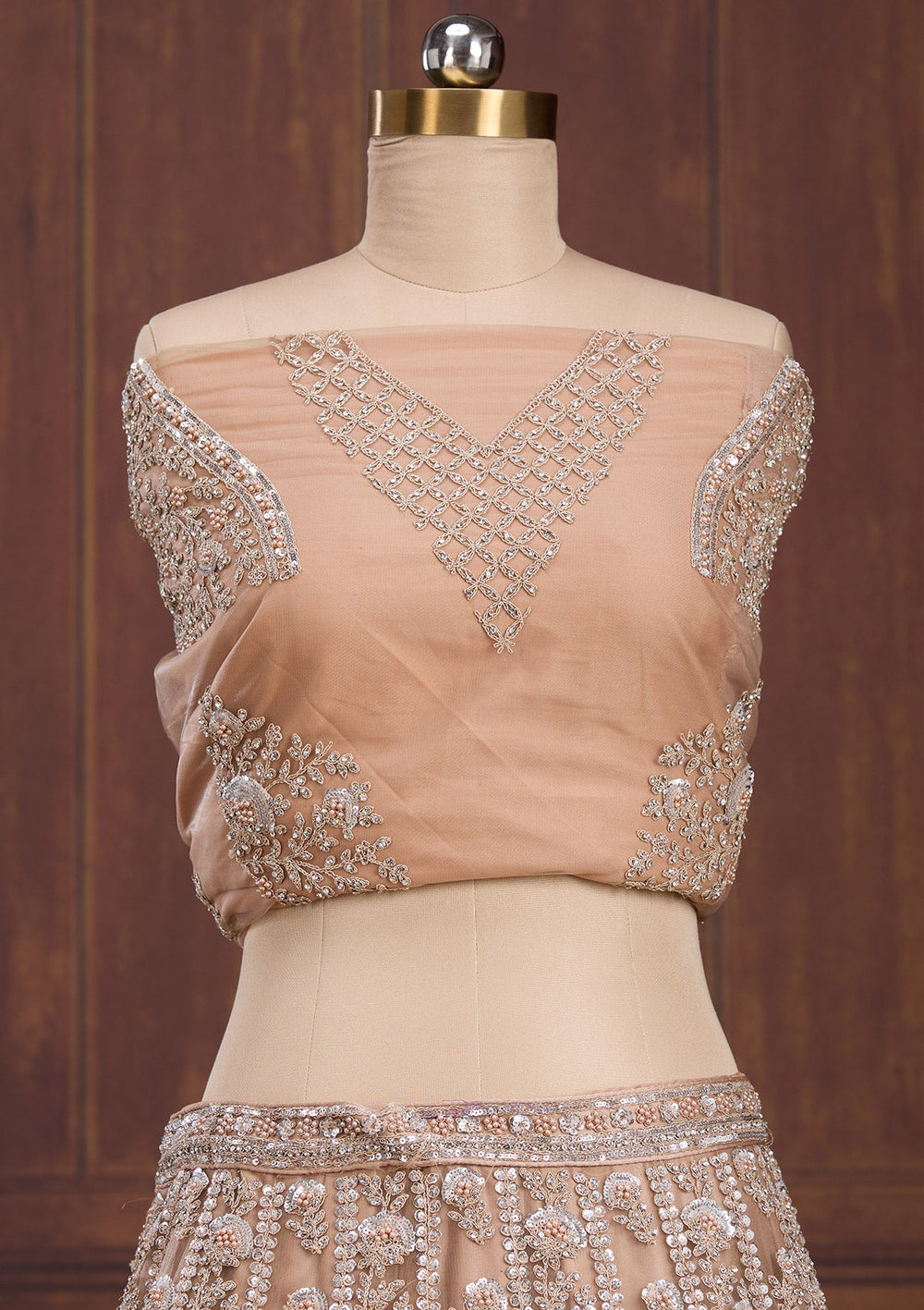 Beige Cording Net Readymade Lehenga-Koskii