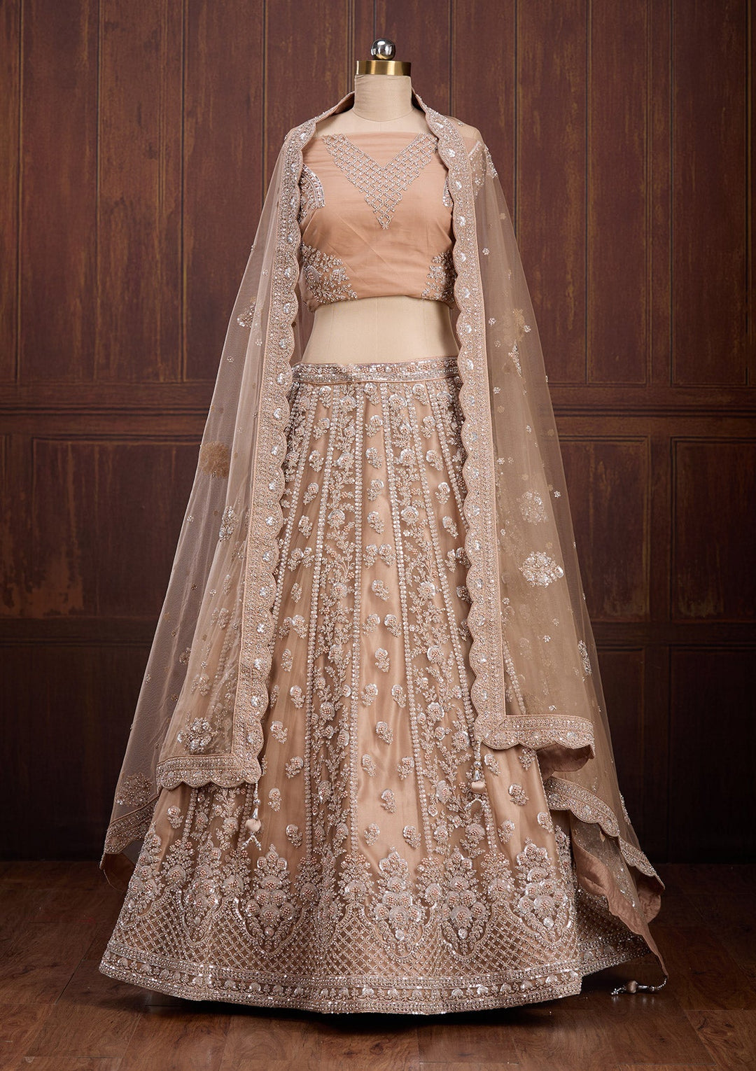 Beige Cording Net Readymade Lehenga-Koskii