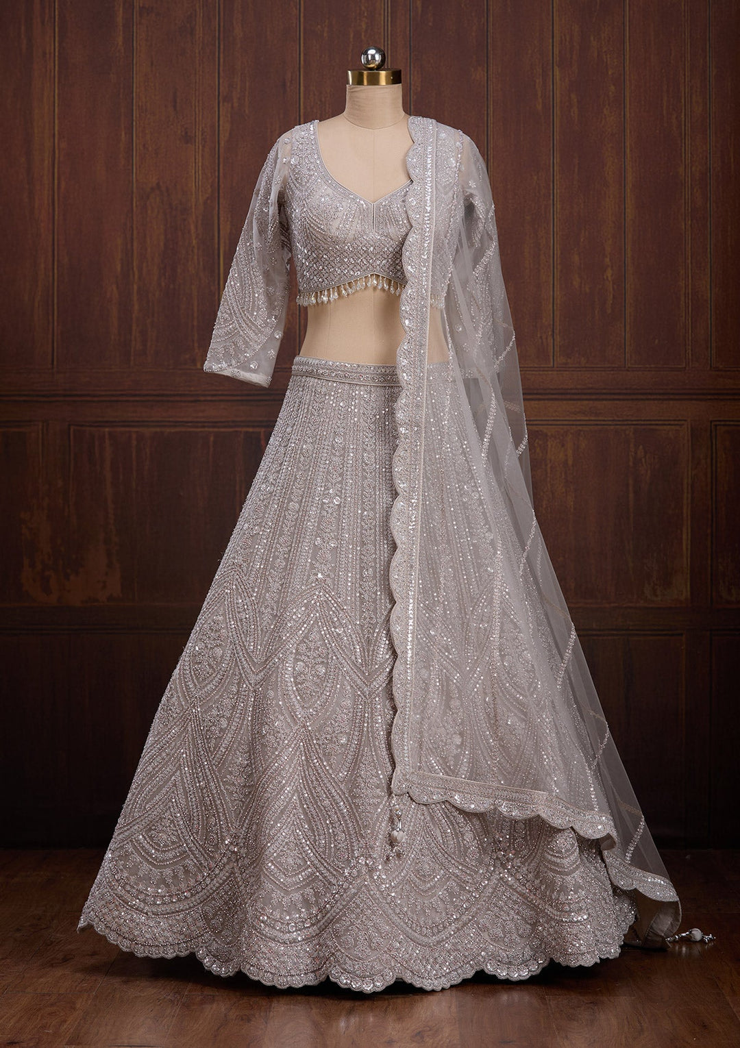 Light Grey Cording Net Readymade Lehenga-Koskii