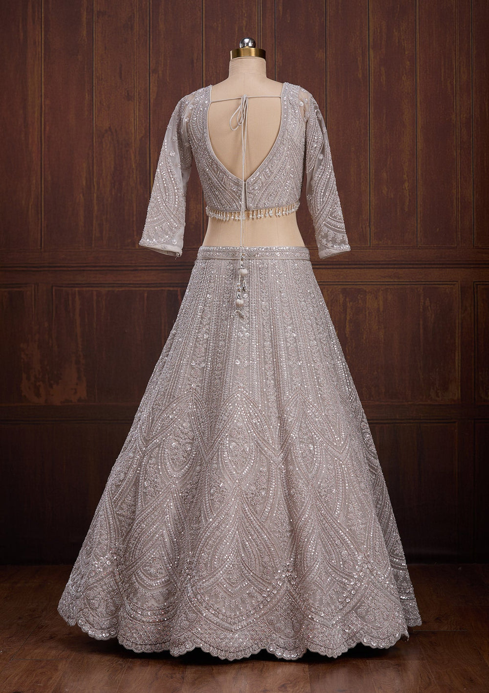 Light Grey Cording Net Readymade Lehenga-Koskii
