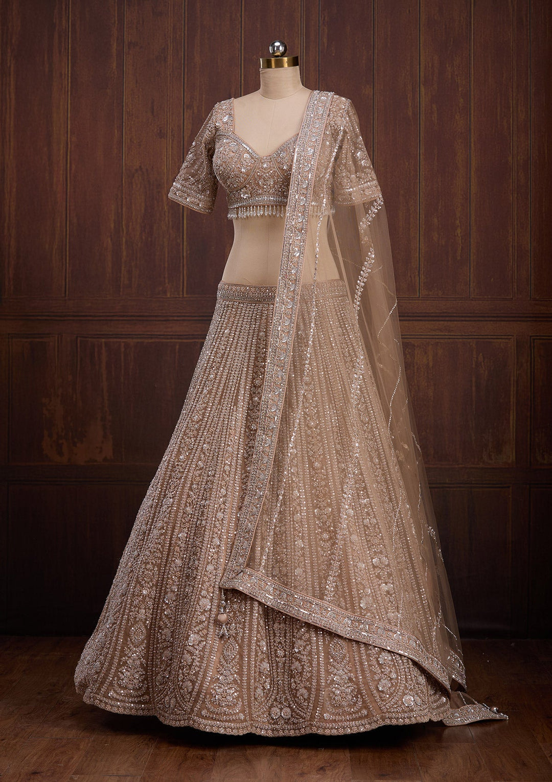 Beige Cording Net Readymade Lehenga-Koskii