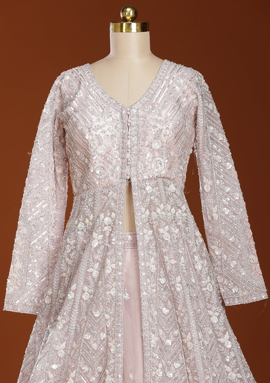 Baby Pink Zariwork (Silver) Net Readymade Lehenga-koskii