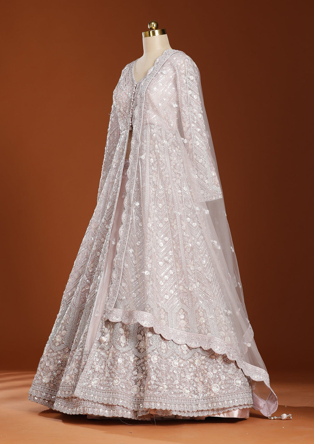 Baby Pink Zariwork (Silver) Net Readymade Lehenga-koskii