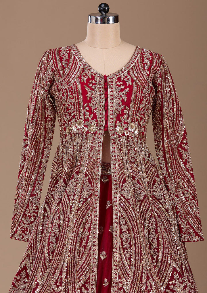 Maroon Sequins Net Readymade Lehenga-Koskii