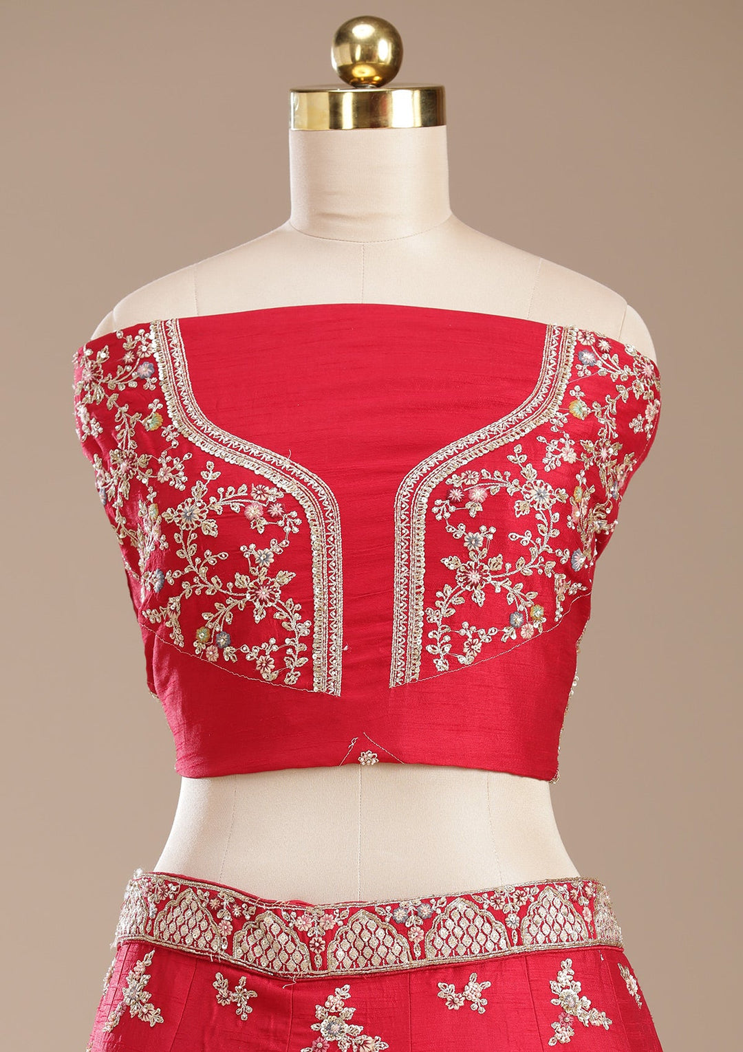 Red Zardozi (Gold) Raw Silk Readymade Lehenga-koskii