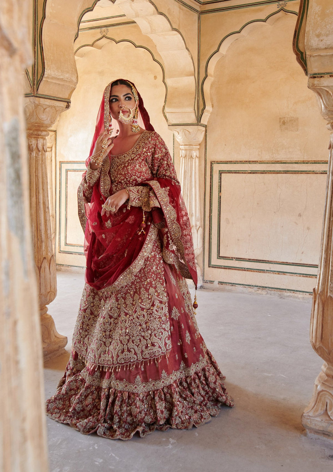 Maroon Stonework (Gold) Tissue Readymade Lehenga-koskii
