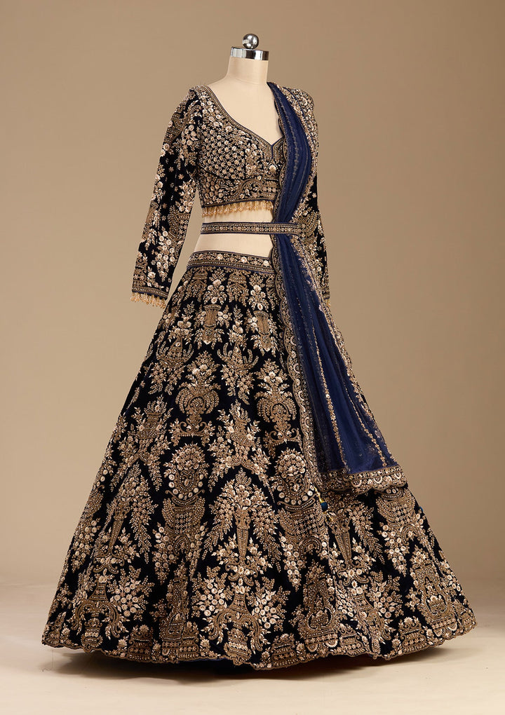 Blue Cording Velvet Readymade Lehenga-koskii