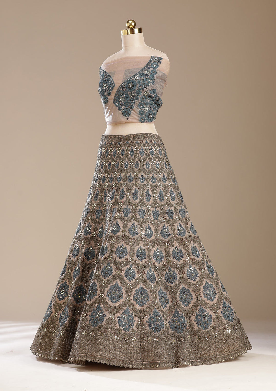 Beige Cording Net Readymade Lehenga-koskii