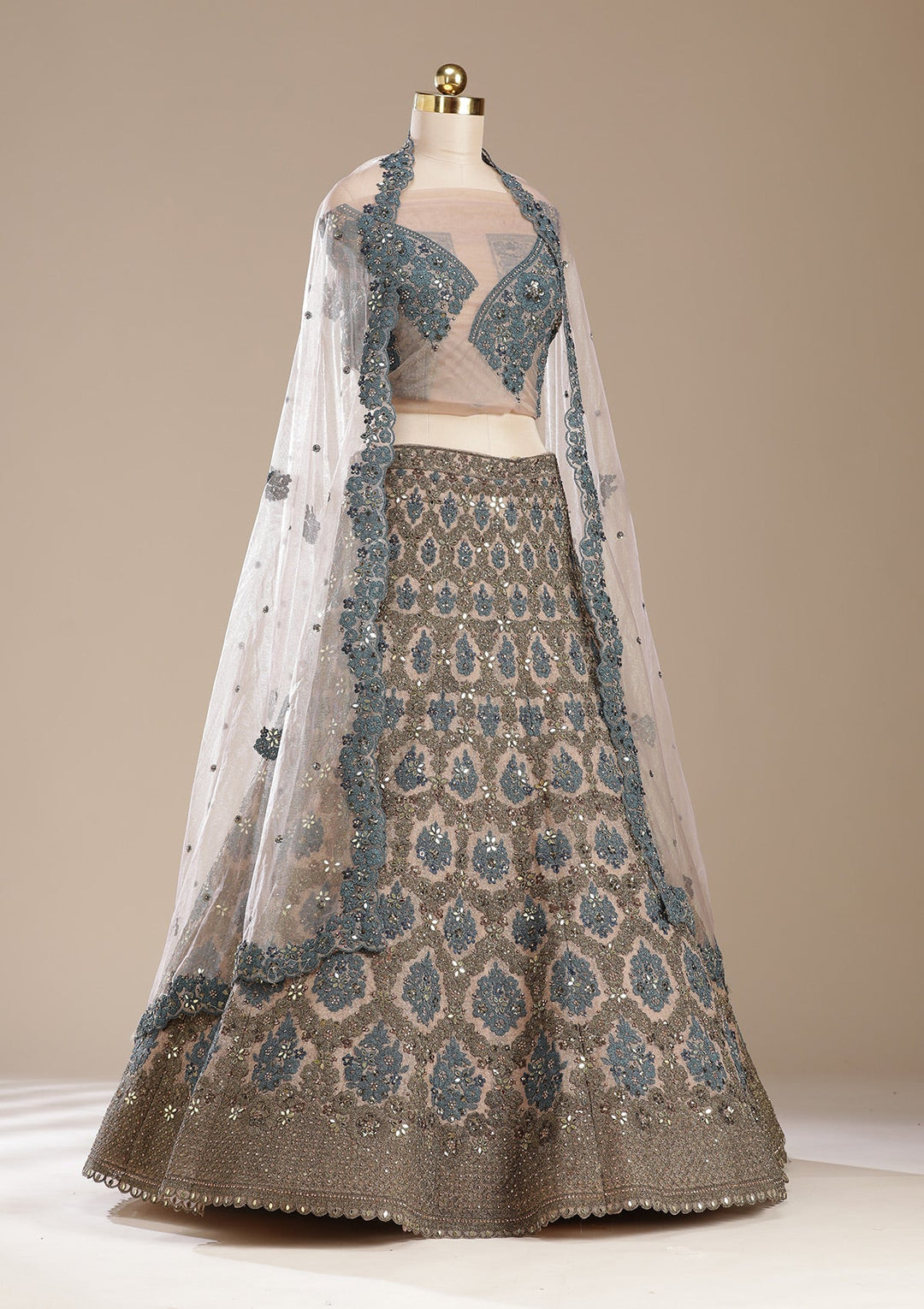 Beige Cording Net Readymade Lehenga-koskii