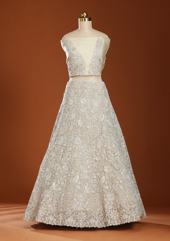 Off White Threadwork Net Readymade Lehenga-koskii