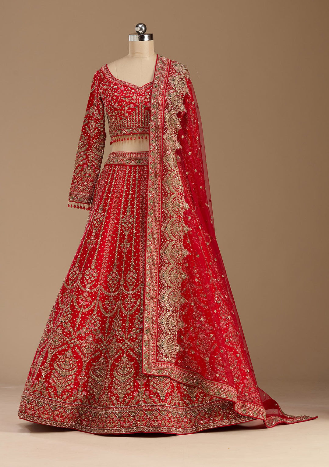 Red Stonework (Gold) Raw Silk Readymade Lehenga-koskii
