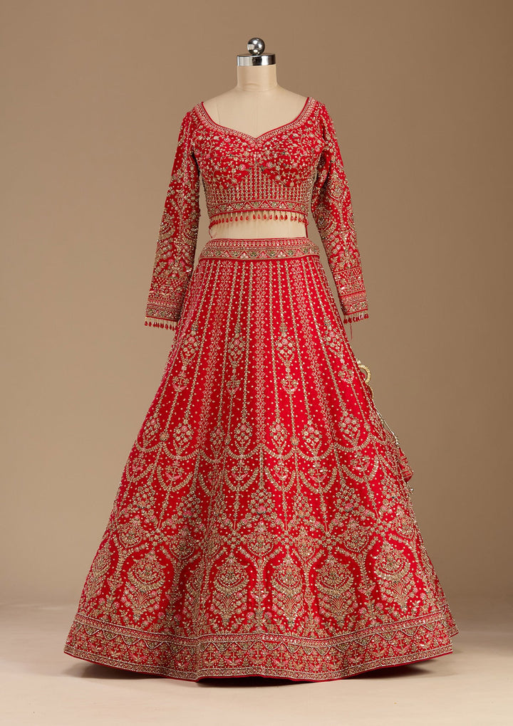 Red Stonework (Gold) Raw Silk Readymade Lehenga-koskii
