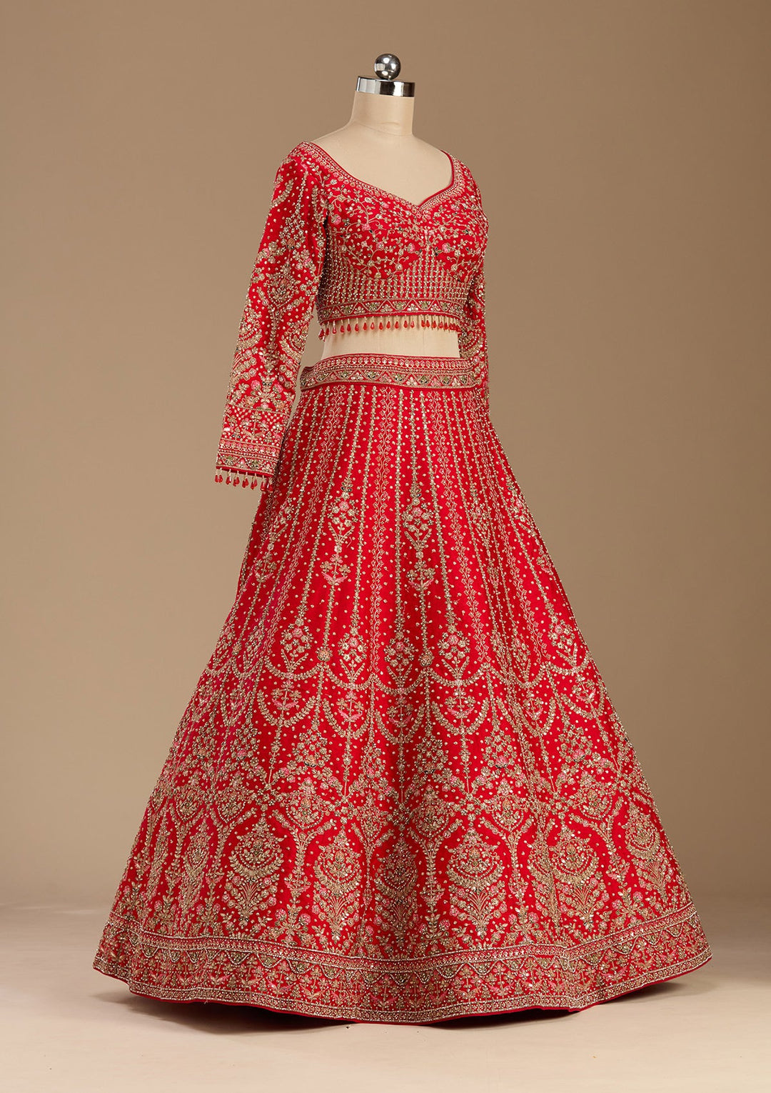 Red Stonework (Gold) Raw Silk Readymade Lehenga-koskii
