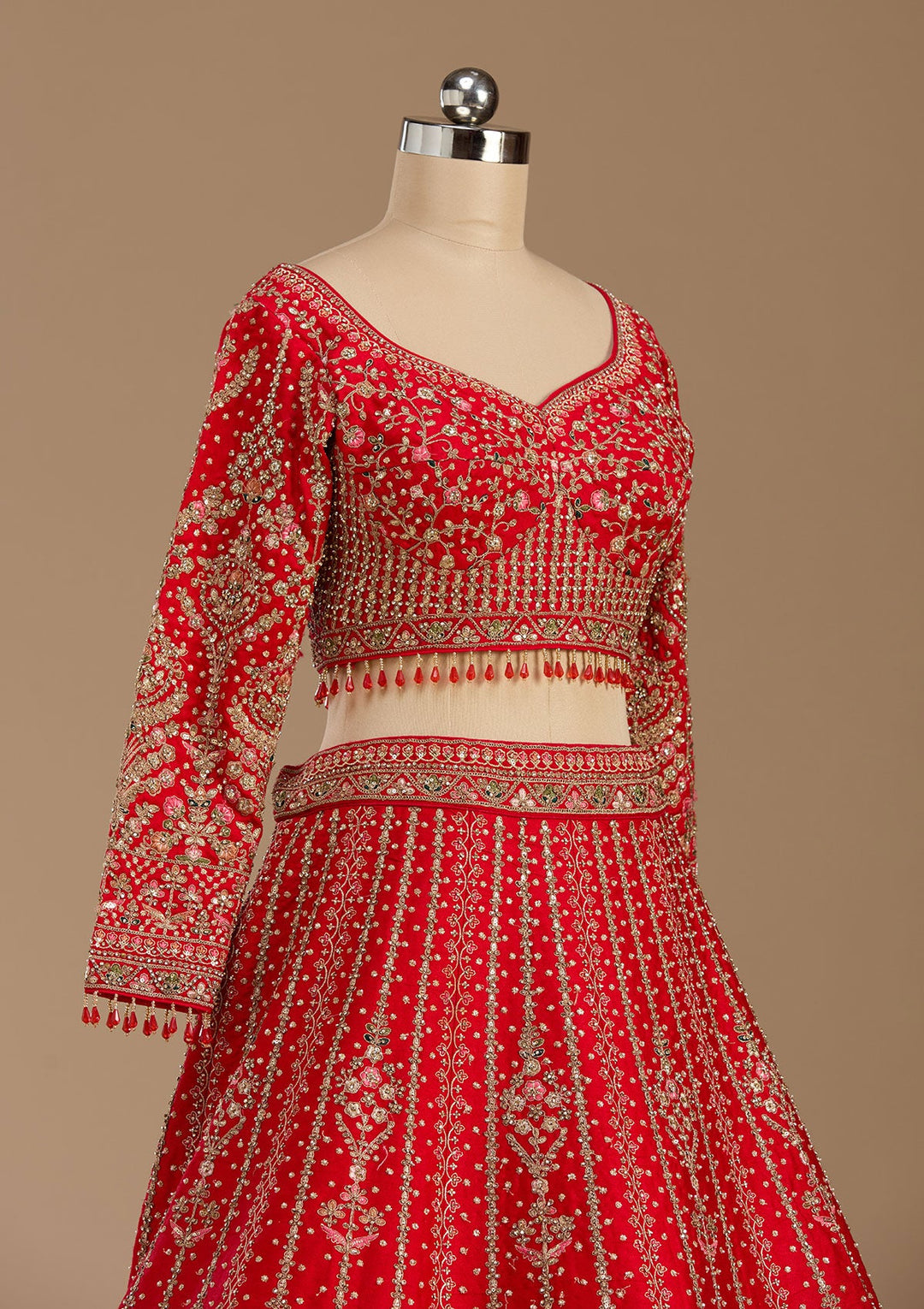Red Stonework (Gold) Raw Silk Readymade Lehenga-koskii