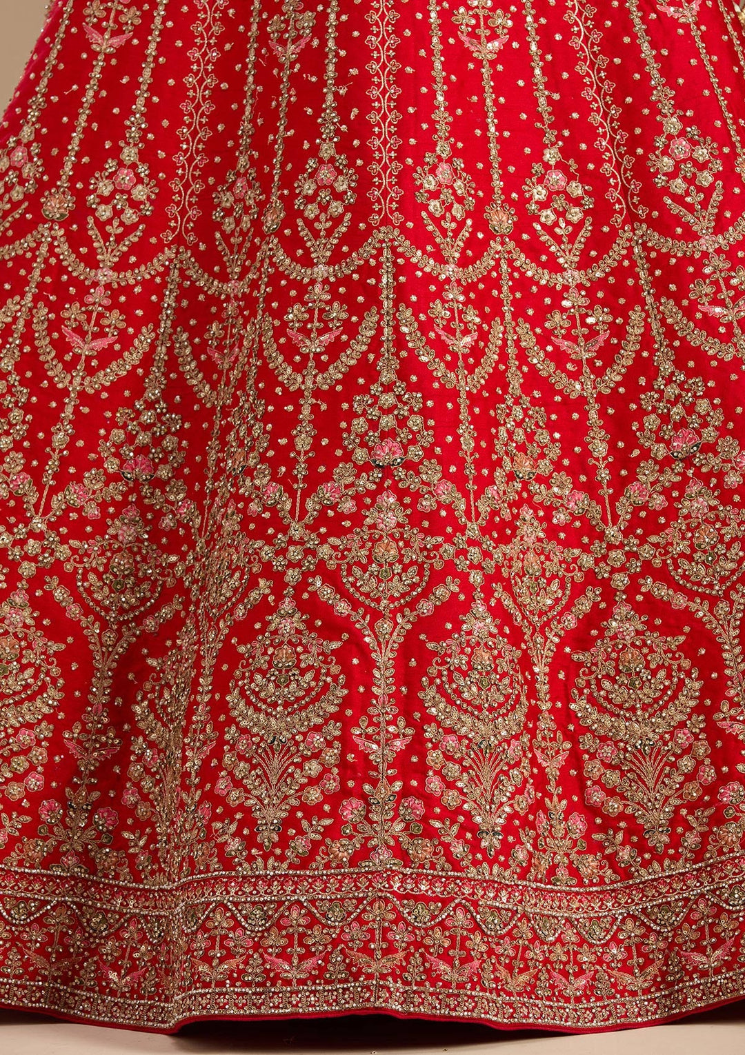 Red Stonework (Gold) Raw Silk Readymade Lehenga-koskii