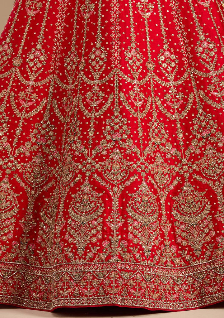 Red Stonework (Gold) Raw Silk Readymade Lehenga-koskii