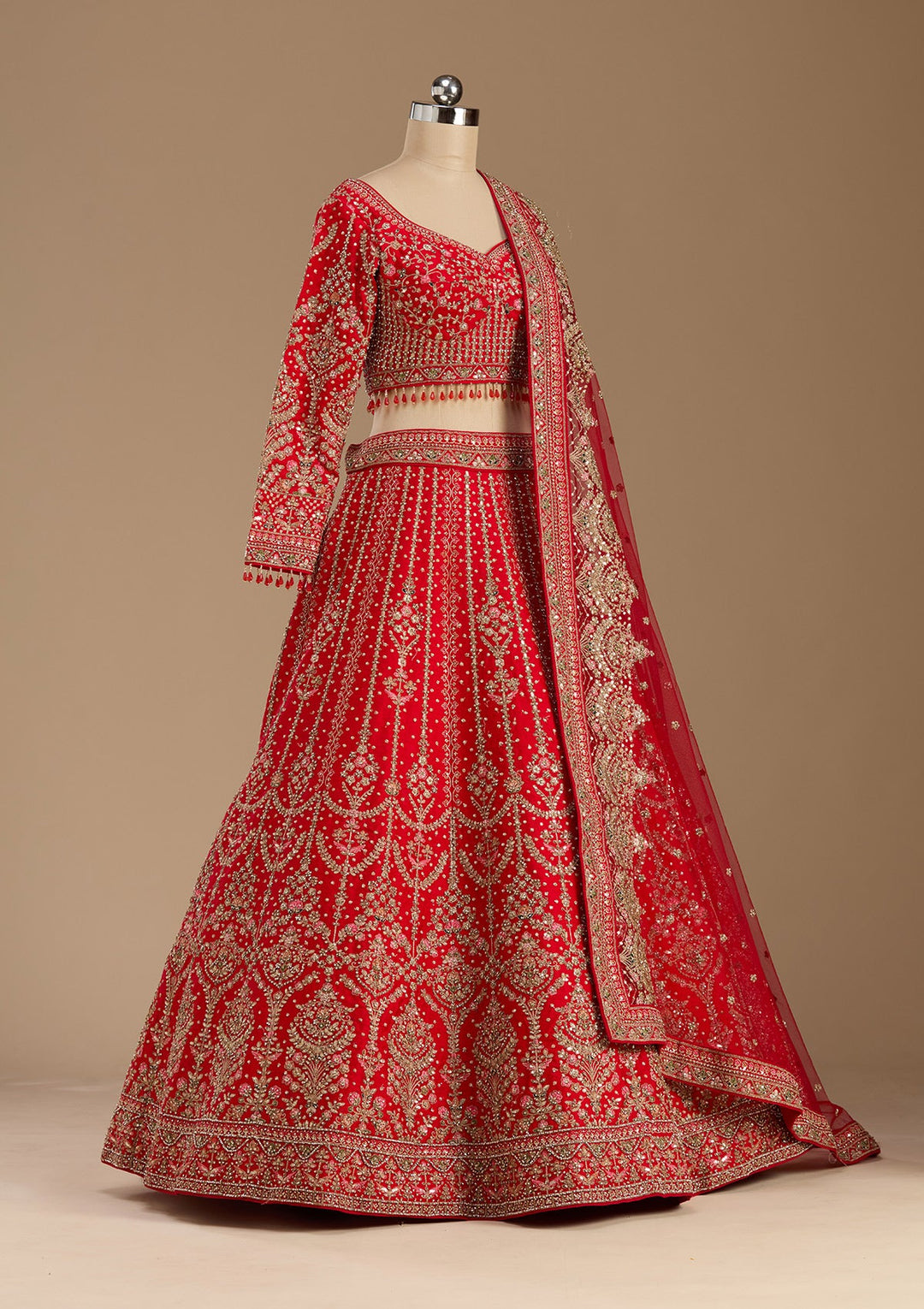Red Stonework (Gold) Raw Silk Readymade Lehenga-koskii