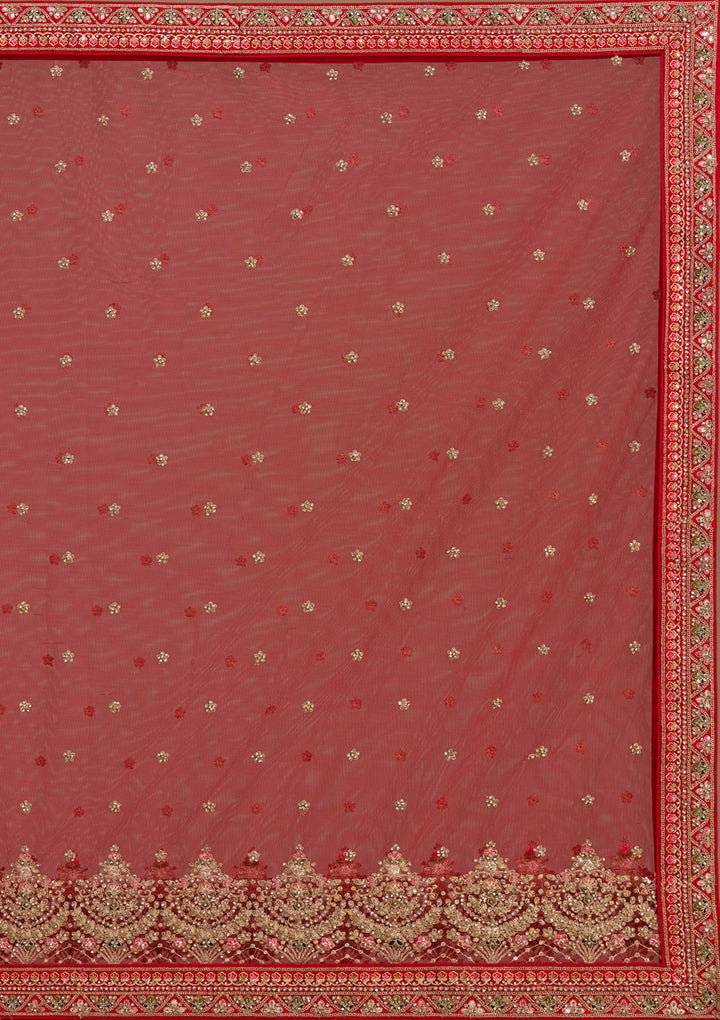 Red Stonework (Gold) Raw Silk Readymade Lehenga-koskii